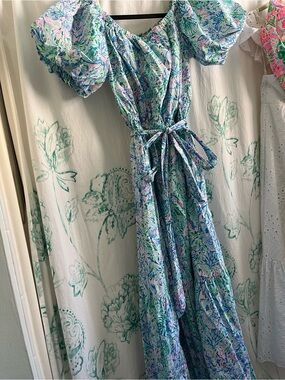 🌊💙 **Lilly Pulitzer Tamie Off-Shoulder Midi Dress – “Surf Blue Soleil It On Me